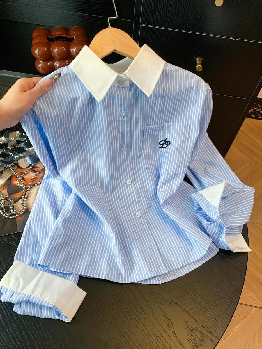 

Korean Style Striped Loose Long Sleeve Neck Commute Shirt Women's Summer Design Casual Slimming Top for Office Wear