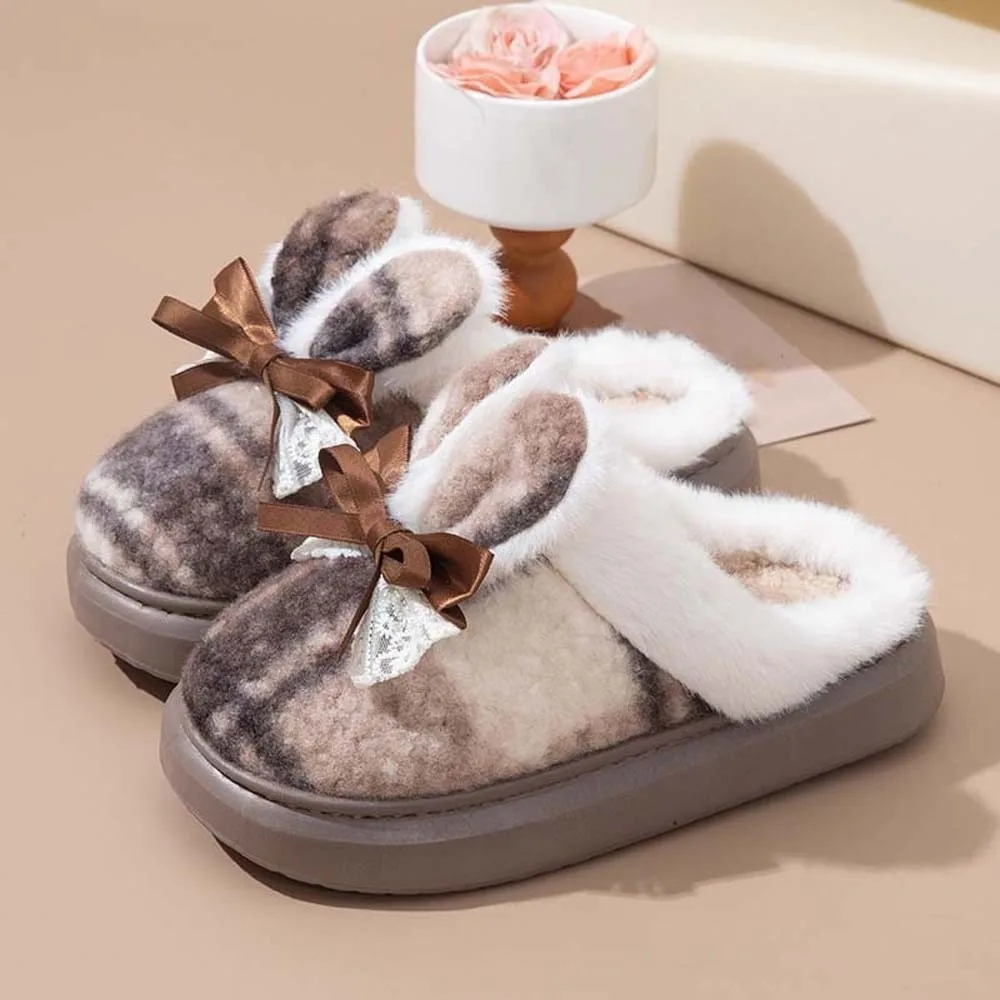 لينة منقوشة أرنب الأذن نعال من القطن رقيق الشرائح القوس معطف شتوي النعال فروي إيفا الدافئة المنزل أحذية قطنية الطقس البارد