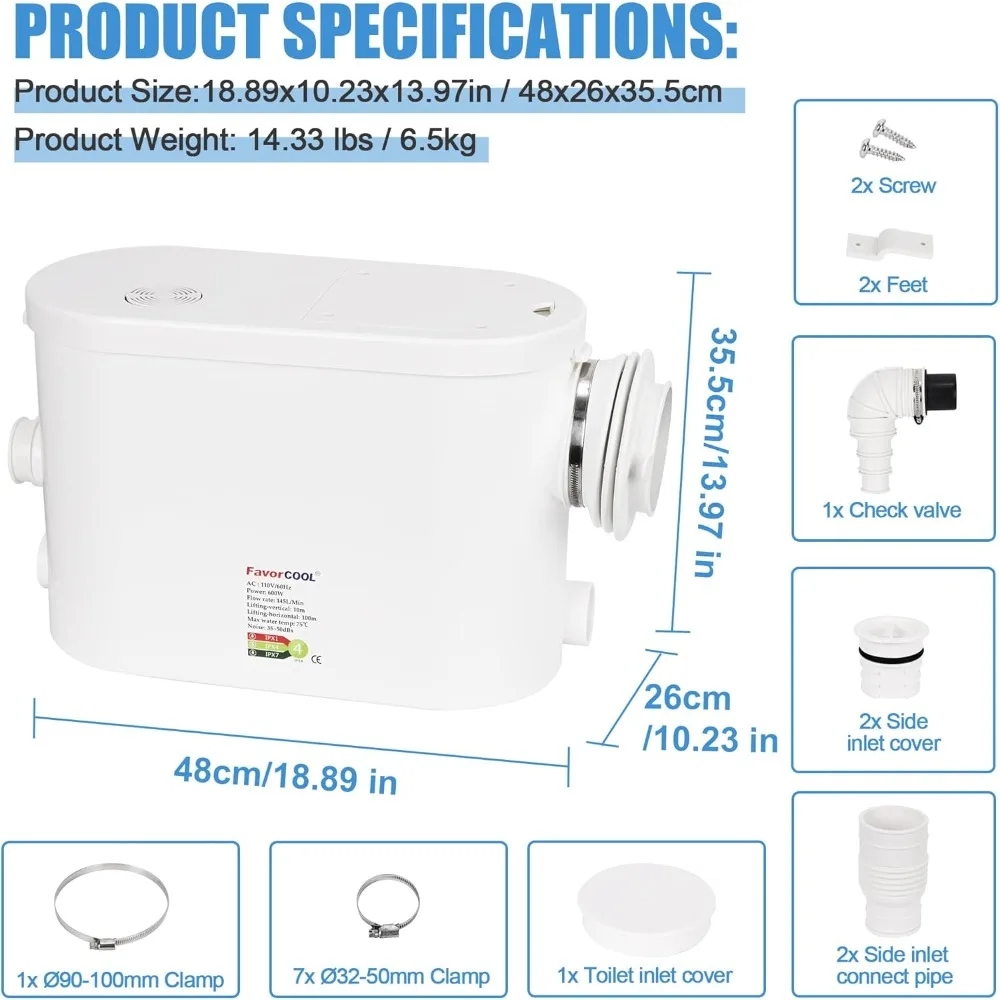 Sink Sewerage Pump 600W Macerating Wall-hung, Macerator Sewerage Sump Pump With 3 Water Inlets for Bathtub, Laundry and Sink