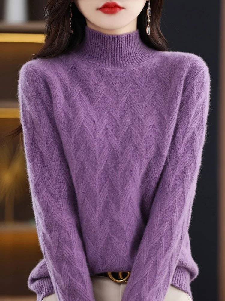 Women Winter Sweater Mock Neck Long Sleeve Thick Pullover 100% Merino Wool Twist Solid Cashmere Knitted Jumper Korean Fashion