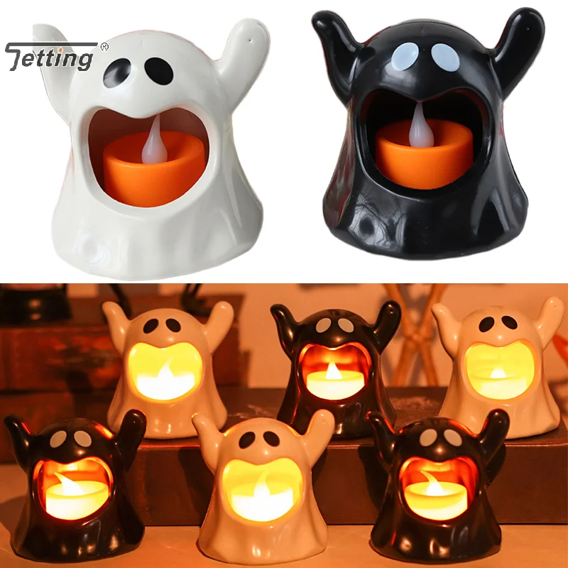 

2pcs Halloween Ghost Tea Lights Decoration, Halloween Flameless LED Candle Holder Lights Battery Operated For Halloween Party