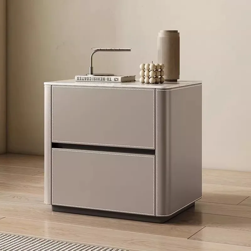 bedside table light luxury high sense simple saddle leather modern style all solid wood rock slab bedroom bedside table