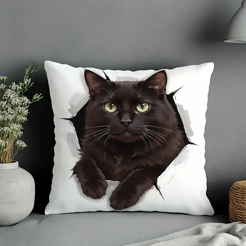 White Pillow Cover Black Cat Peeking Through Torn Paper Effect with Green Eyes 18x18 Inch Square Decor