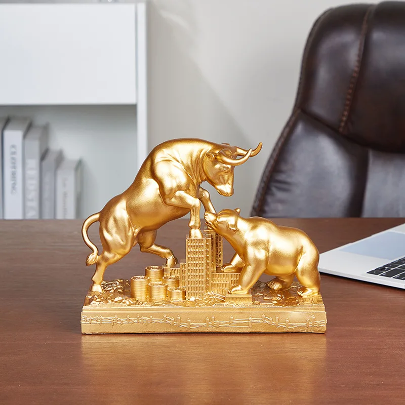 Prosperity Golden Bull Figure-piece, Bull And Bear Battle, TV Cabinet Office Decoration Opening And Housewarming Gift