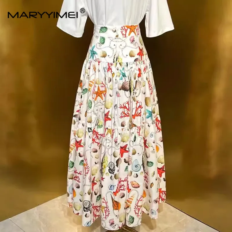 Maryyimei Fashion Zomer Dames Katoen Elegant Chic Print Design Hoge Waiste Plooien Casual Vakantie Feest Rok