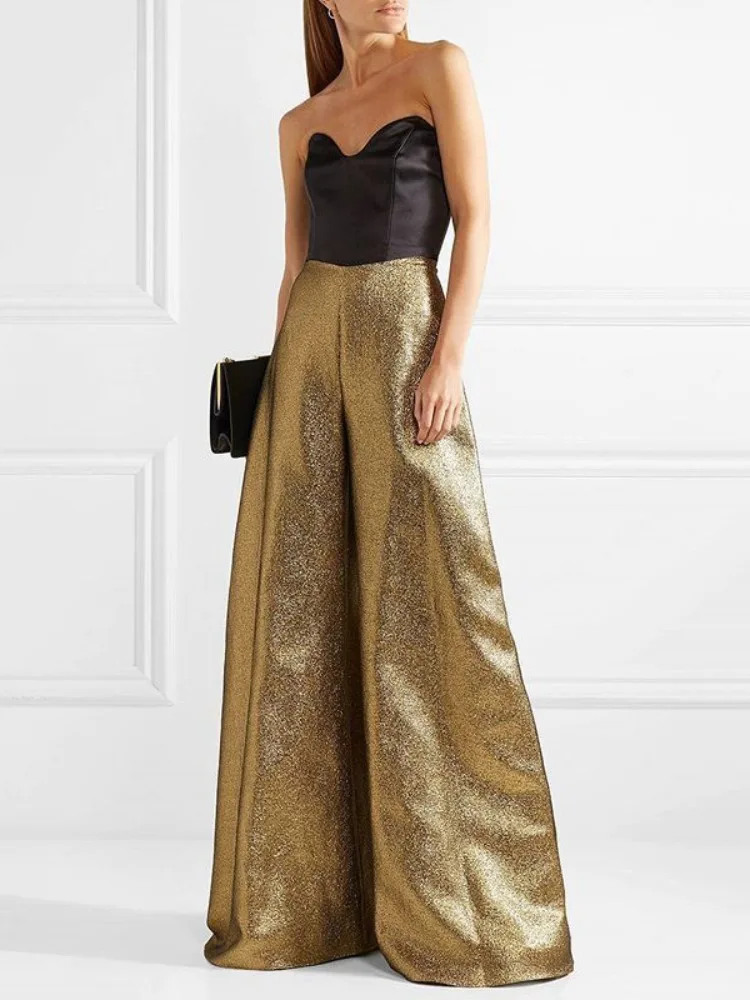 Women's Stylish Party Wear Pants Solid Gold High Waist A-line Wide Leg Pants Zippered Full-length Trousers Casual Pants