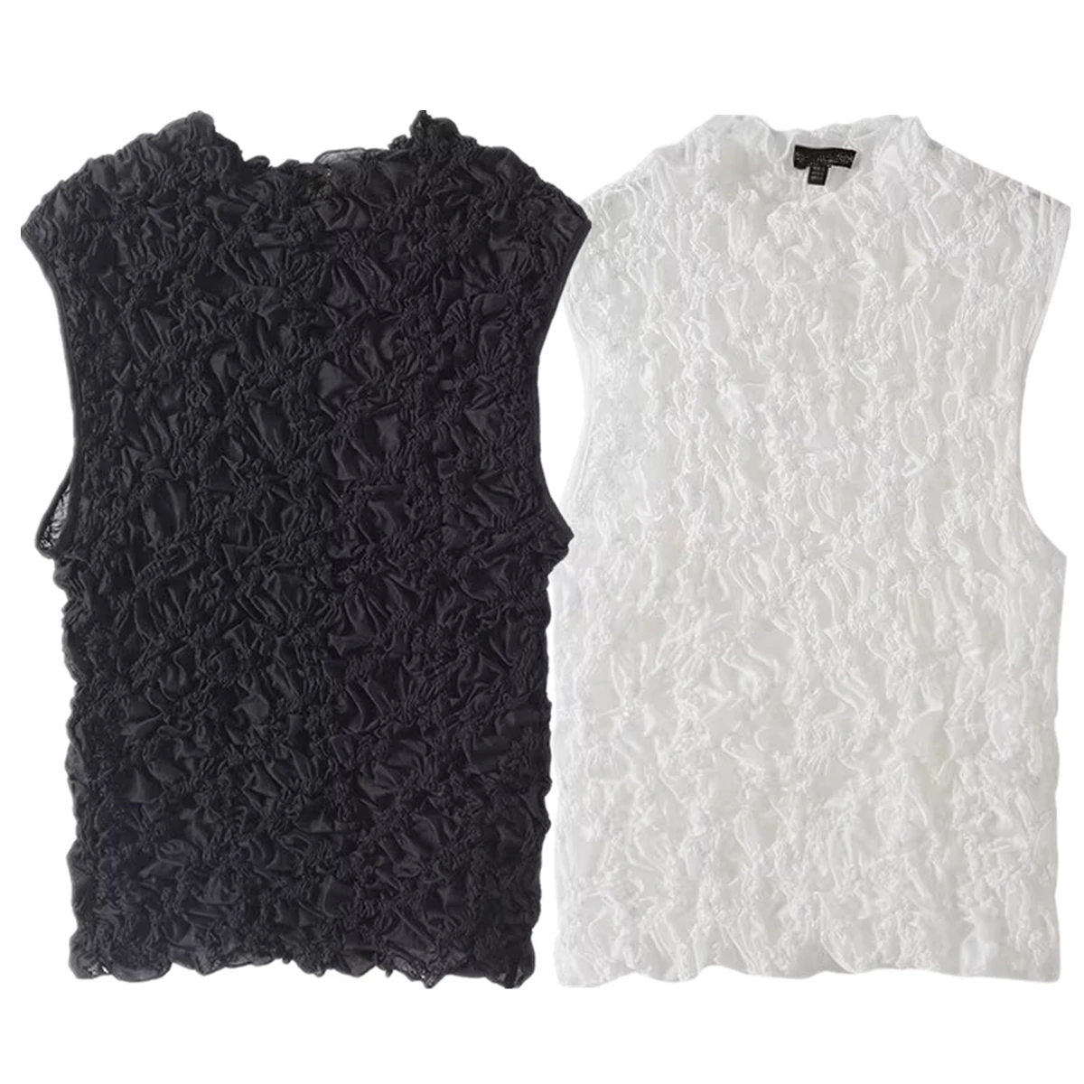 

Dave&Di Summer Blouse Women French Elegant Minimalist Solid Color Embroidered Lace Pleated Texture Shirt Women Tank Top