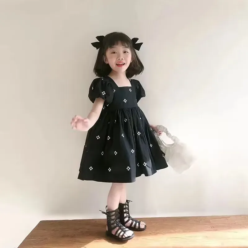 Vestido de verano de manga corta para niña, nuevo vestido de Princesa con lunares, edición coreana, manga de burbuja, espalda abierta