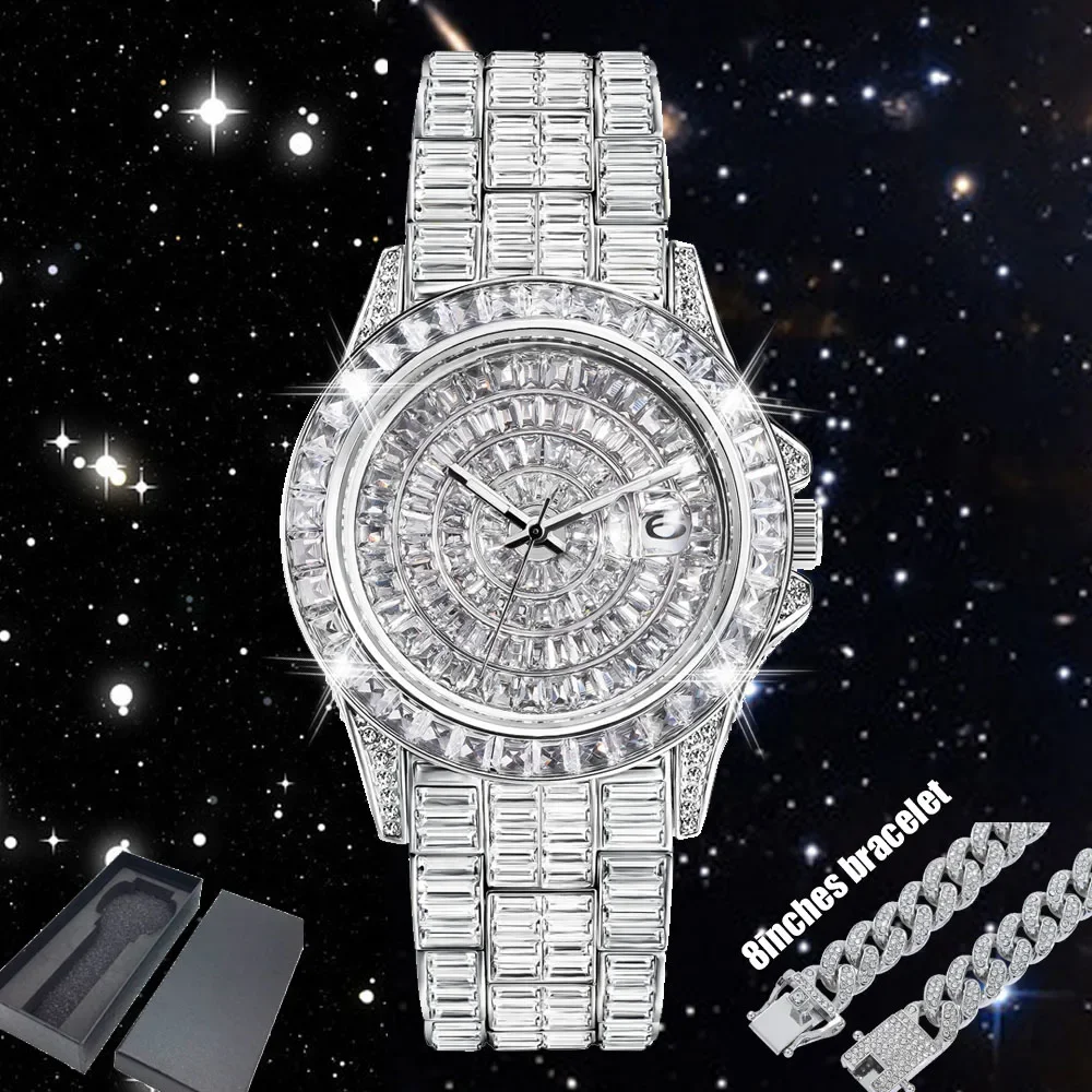 

Full Baguette AAA Diamond Watch For Men Iced Out Quartz Mens Watches Hip Hop Male Clock Waterproof Droshipping Cuban Chain 8inch