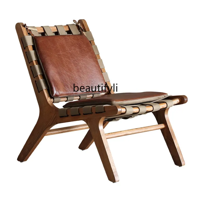 

Retro Solid Wood Single-Seat Sofa Chair Retro Style Furniture Leisure Oil Wax Leather Mid-Ancient Balcony Small Sofa furniture