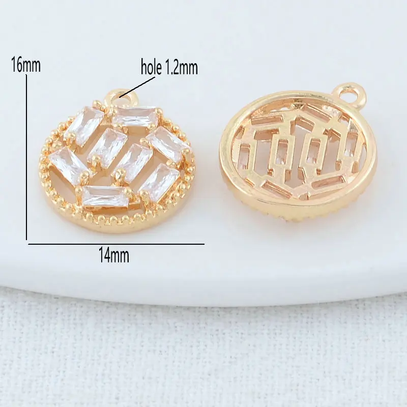 14*16mm 14 Karat Gold Messing mit Zirkon runden Charms Anhänger Halskette Ohrringe Schmuck Herstellung liefert Zubehör