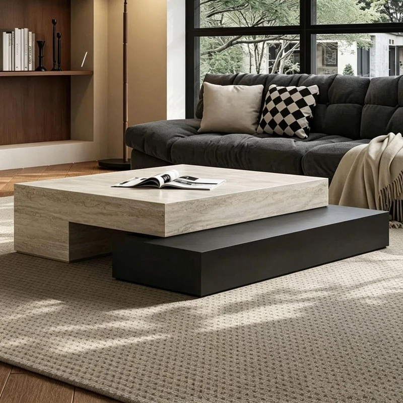 2026 new living room coffee table modern simple travertine square coffee table wabi sandy wind retractable combination coffee