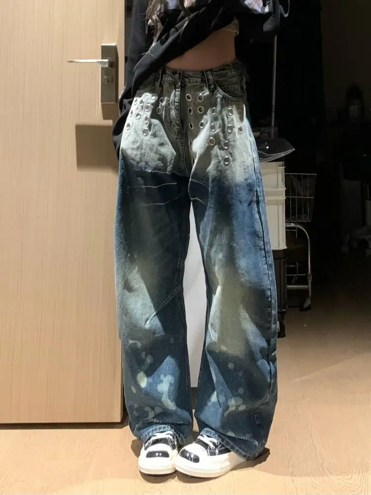 

Loose Fit Wide Leg Denim Jeans Women's Spring New Style American Spattered Ink Patchwork Design High Waist Straight Leg Jeans