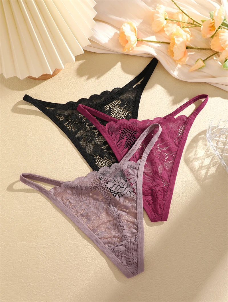 5Pcs Hollow Out Leaf Print Thongs Transparent Women\'s Panties Sexy Lace G String Solid Underwear Female Thin Low Waist Lingerie