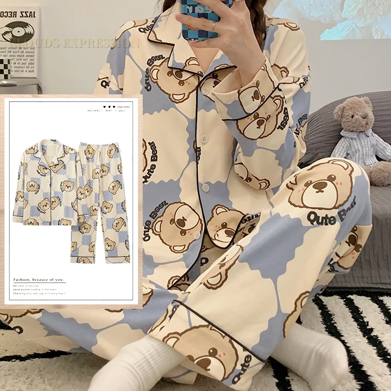 Spring Autumn Knttted Womens Pajamas Sets Lapel Funny Pjs Cartoon Sleepwear Plaid Homewear Girl Pijamas Mujer Pyjama 3XL Fashion