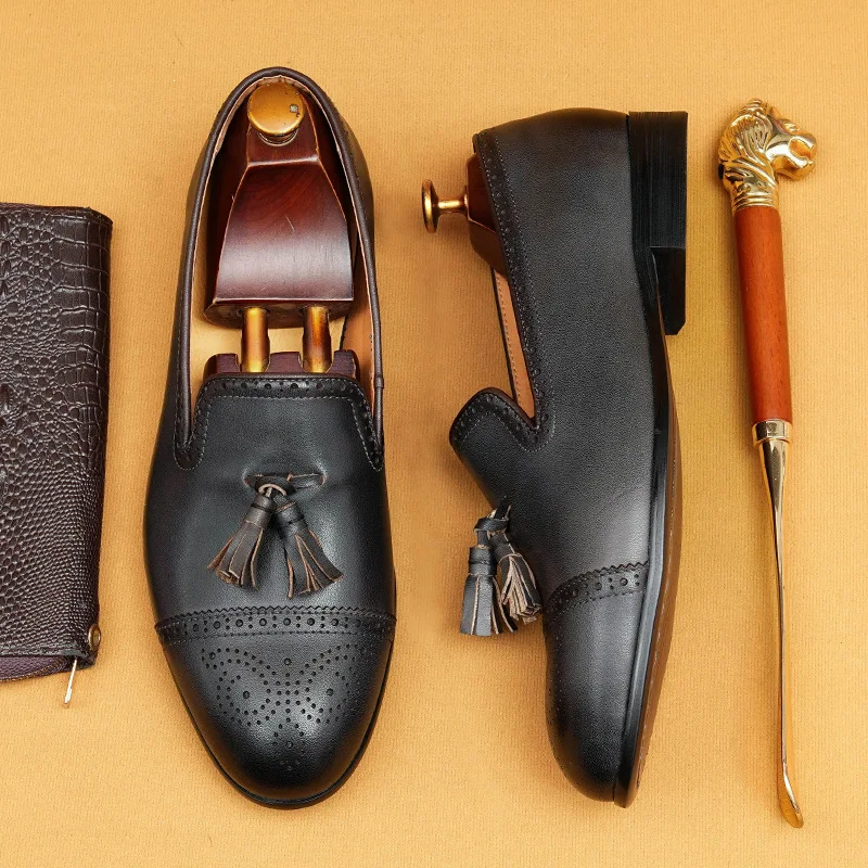 

Men'S Genuine Leather Vintage High Quality Shoes Luxury Wedding Formal Dress Classic Elegant Italian Black Loafers