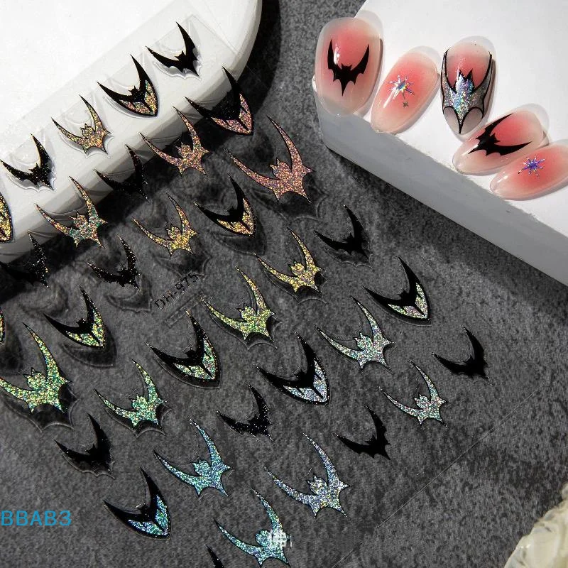 【B】Láser estampado en caliente Halloween murciélago oscuro Cruz adhesivo pegatinas para decoración de uñas calcomanías manicura brillante rojo plata negro encantos