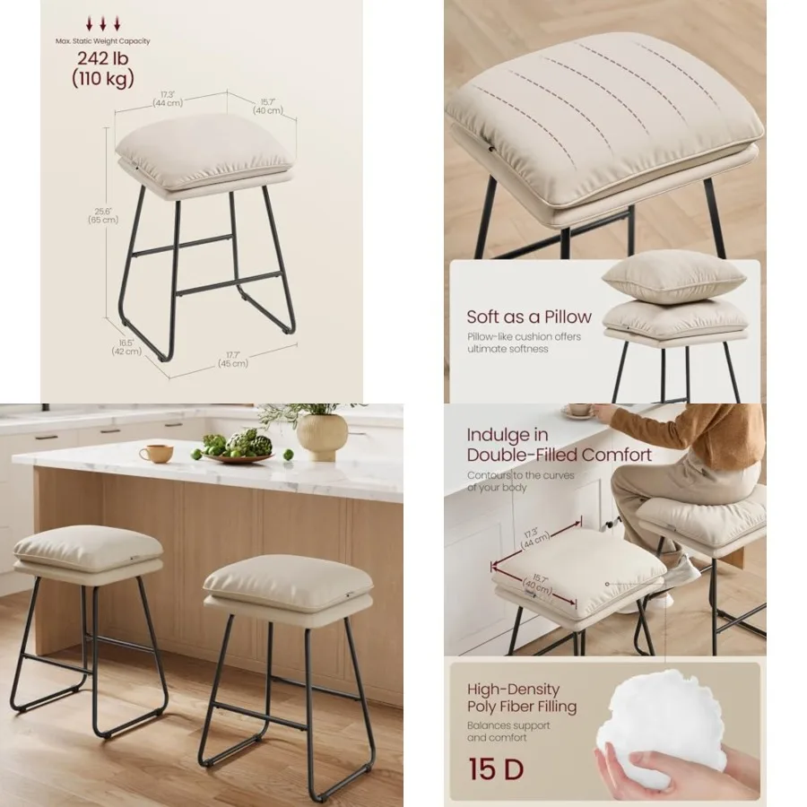 

Bar Stools, Counter Height Bar Stools, Leather Counter Stools Barstools with Soft Cushion and Metal Sled Legs, 25.6 Inch Bar He