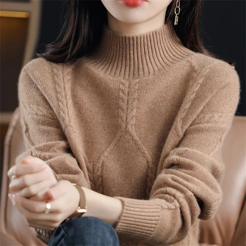秋冬厚手ウールレディースタートルネックセーターニットシャツ暖かいトップスルーズプルオーバーニットウェア長袖インナーシャツ