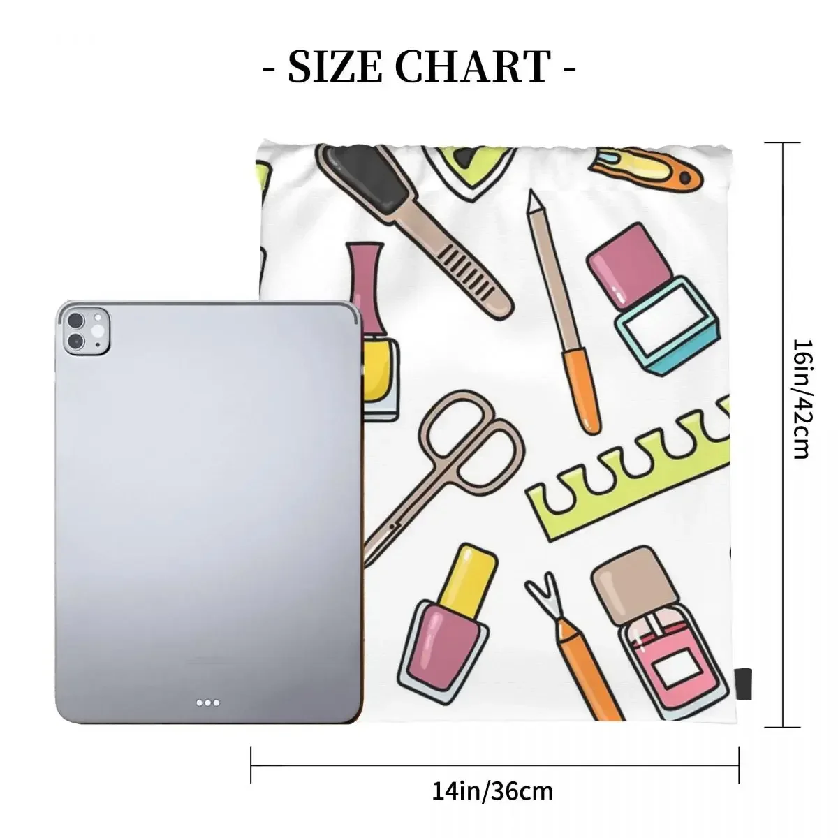 Pattern Of Manicure And Pedicure Doodle Equipment. Nail Art Backpacks Portable Drawstring Bags Sports Bag BookBag For Travel