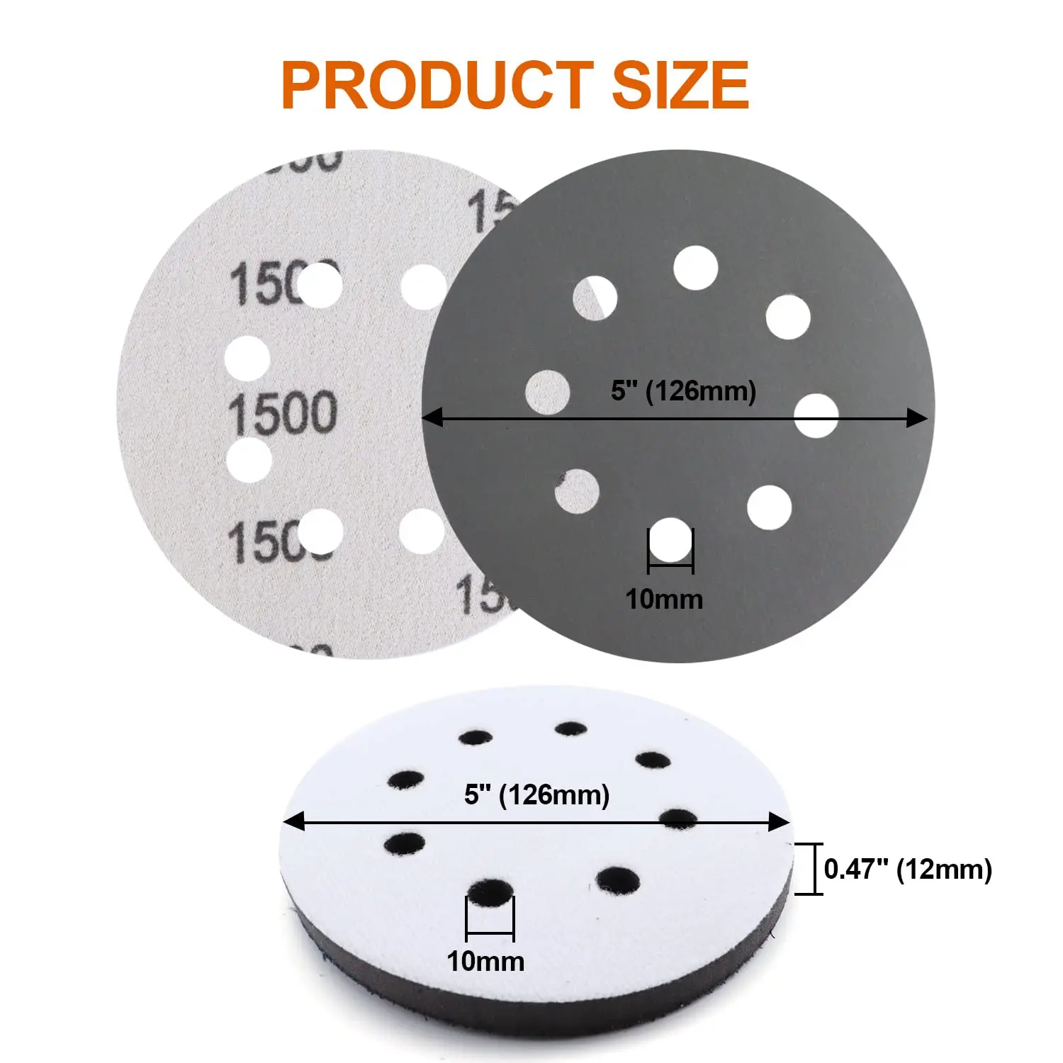 120pcs 5 Inch Sanding Discs Hook & Loop 8 Holes Wet Dry Orbital Sandpaper with Interface Pads Silicon Carbide Round Flocking San