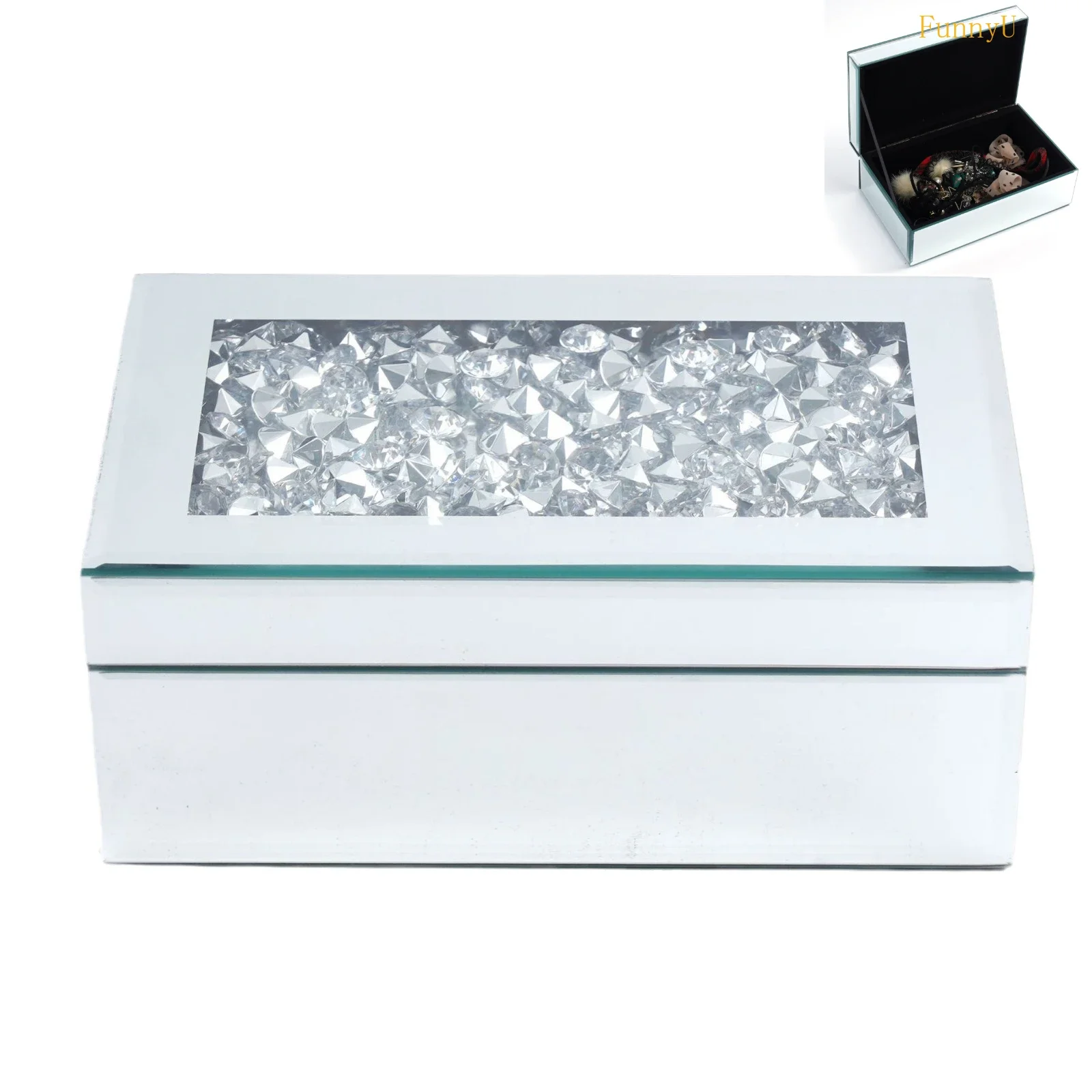 Silver Crushed Diamond Glass Mirrored Jewelry Box Organizer Women Trinket Drawers Organiser Boxes Makeup Container Dressing Tabl