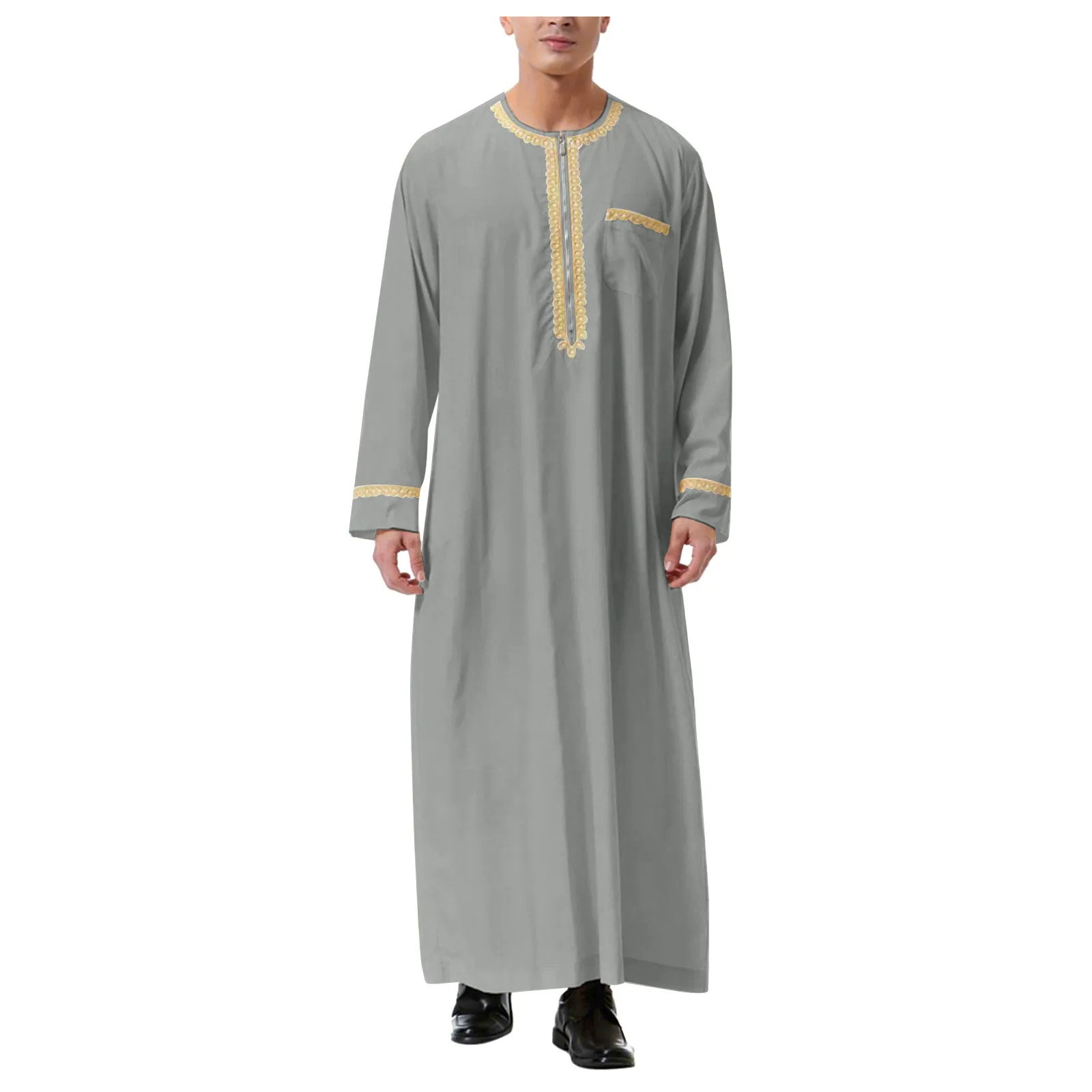 Heren Moslim Shirt Kaftan Islamic Royalty Dubai Robe O-hals Lange Mouw Retro Tunieken Abaya Arabic Klederdracht Heren Gewaad