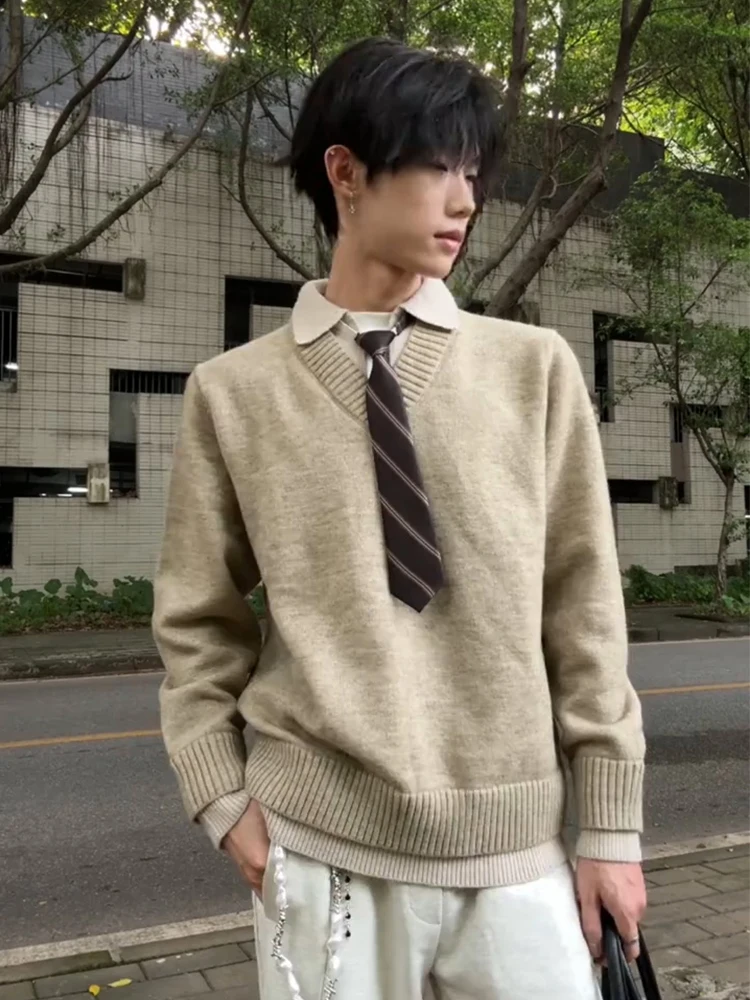 

Мужской вязаный свитер в американском ретро-стиле с V-образным вырезом, зимний, модный, повседневный, удобный, с длинным рукавом, для бизнеса и отдыха