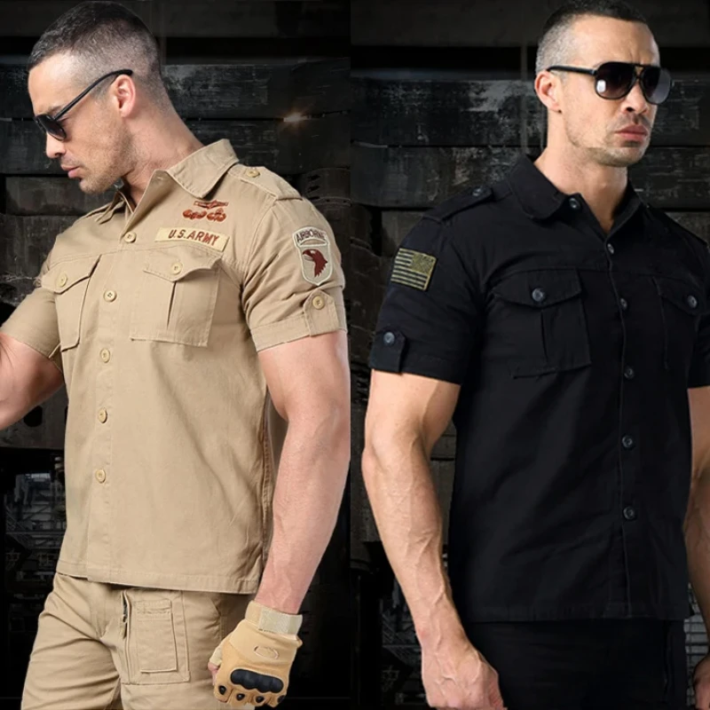 Men\'s Tactical Suit Lapel Breathable Short Sleeve Shirt Multi-pockets Wear-resistant Cargo Pants Cotton outdoor climbing Sets