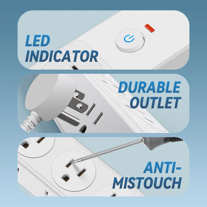 Melery US Power Strip Proteção contra sobrecarga Cabo de extensão de 1,5 M Canadá México Bar 6 Tomadas Plug com USB Tipo-c para Home Office