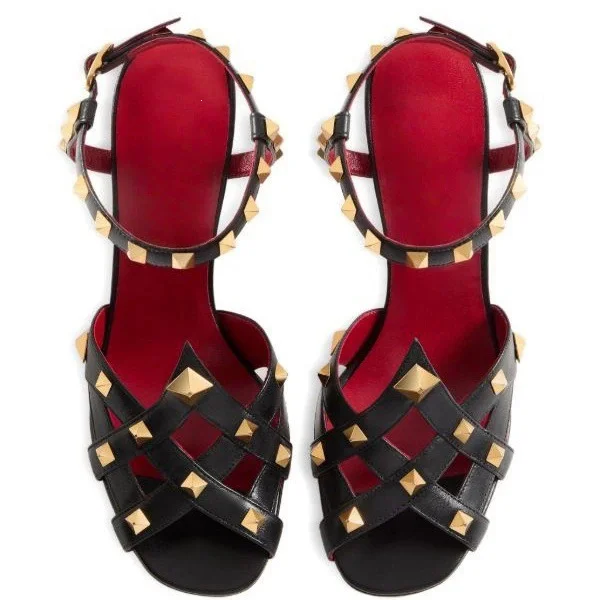 Women's Rockstud Heeled Sandals Lined Caged Stiletto Shoes with Ankle Strap Adjustable Buckle Edgy Elegant Footwear for Parties