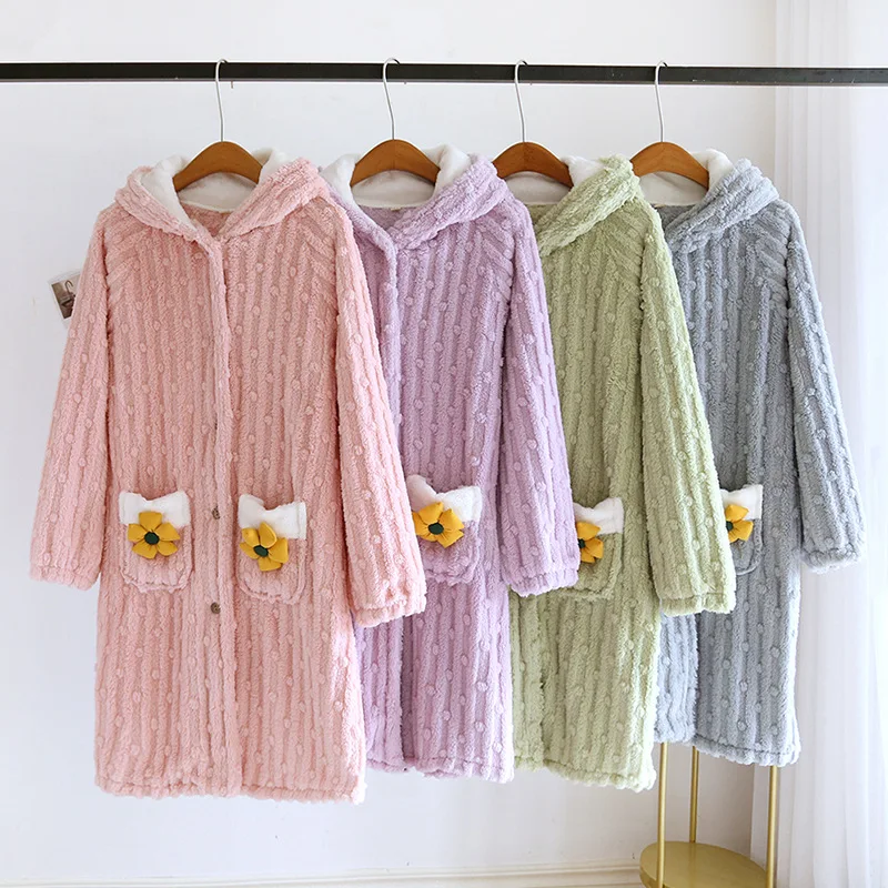 

Sweet Girls Coral Fleece Hooded Robe Women Winter New Warm Plush Nightgown Pajamas Flannel Thick Nightdress Home Service