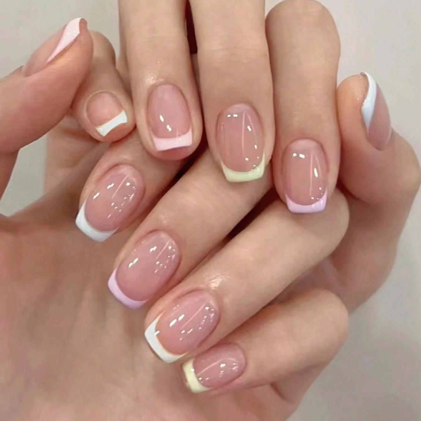 

10PCS Short Square Fake Nails, Colorful Fake Nails With Nude Design Adhesive Nails Cute Acrylic Nails, Glossy Full Coverage Nail