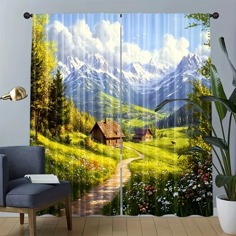 2pcs Alpine Village Landscape Curtains - Mountain Cottage Window Drapes with Rod Pocket, Semi-Opaque Light Filtering for Living