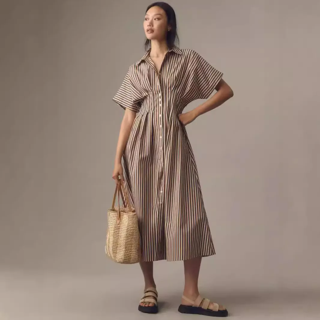 2025 novas roupas femininas vento lapela gola listrado breasted cintura vestido fino camisa longa europeu e americano