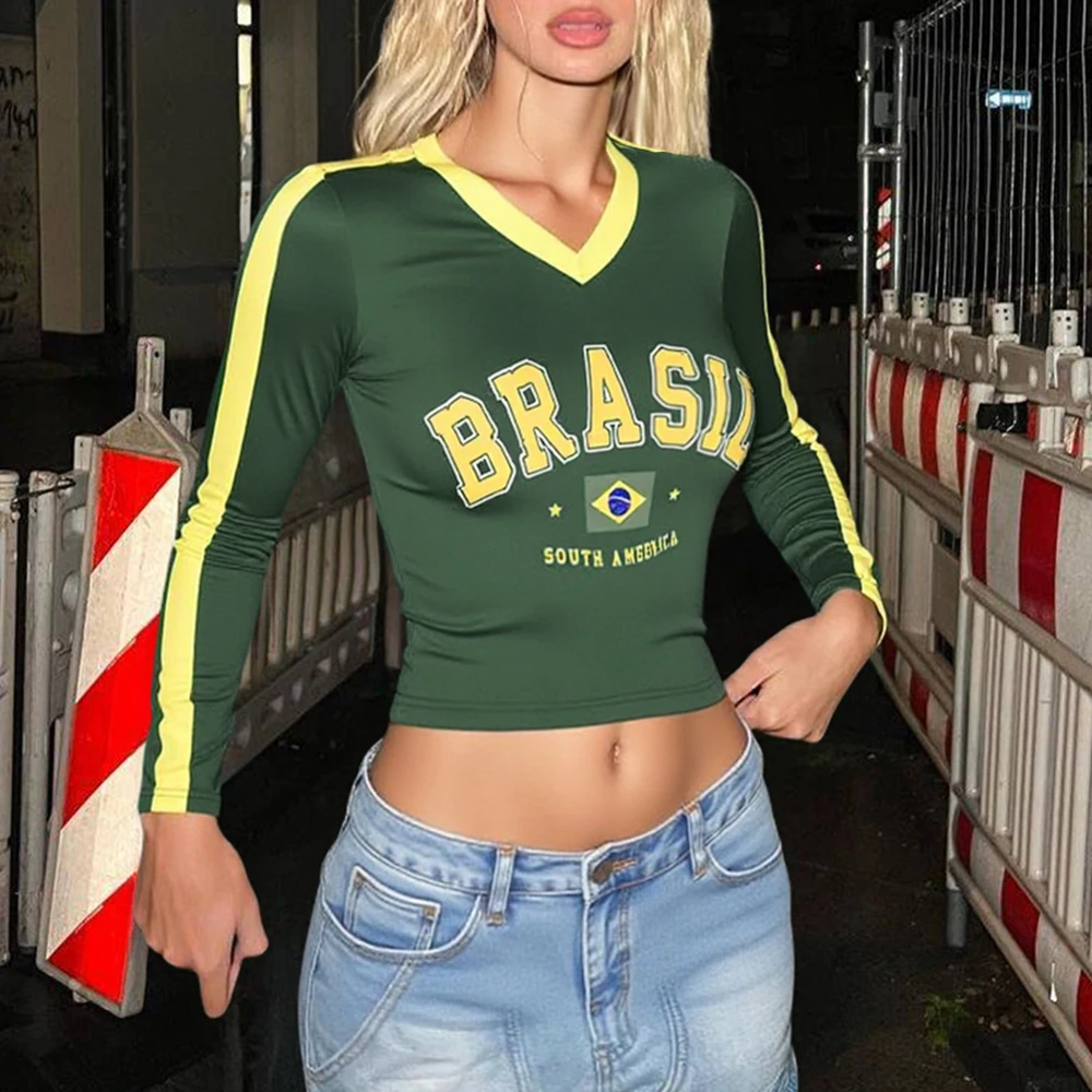 

Mia Muse 2025 Autumn Women's T-Shirts Letter Printing Half Sleeve V-Neck Daily Basic Cropped Skinny Fit T-Shirts