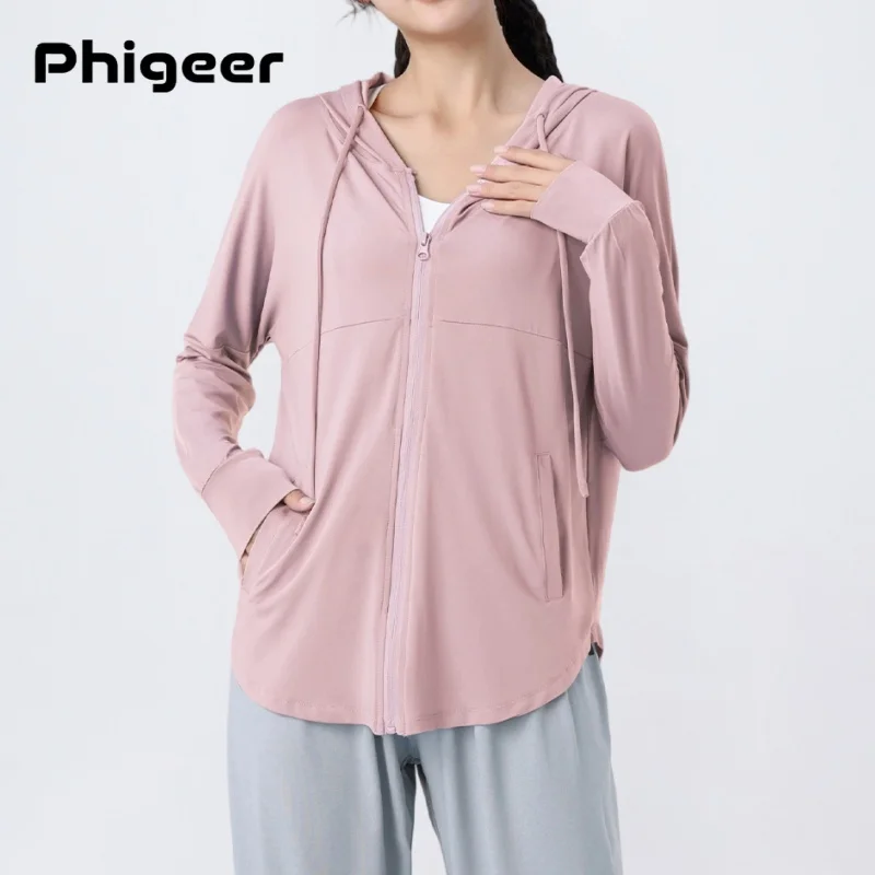 

PHIGEER легкая спортивная куртка с капюшоном для женщин, быстросохнущее пальто для тренировок на молнии с длинными рукавами, дышащий свободный топ для фитнеса и спортзала
