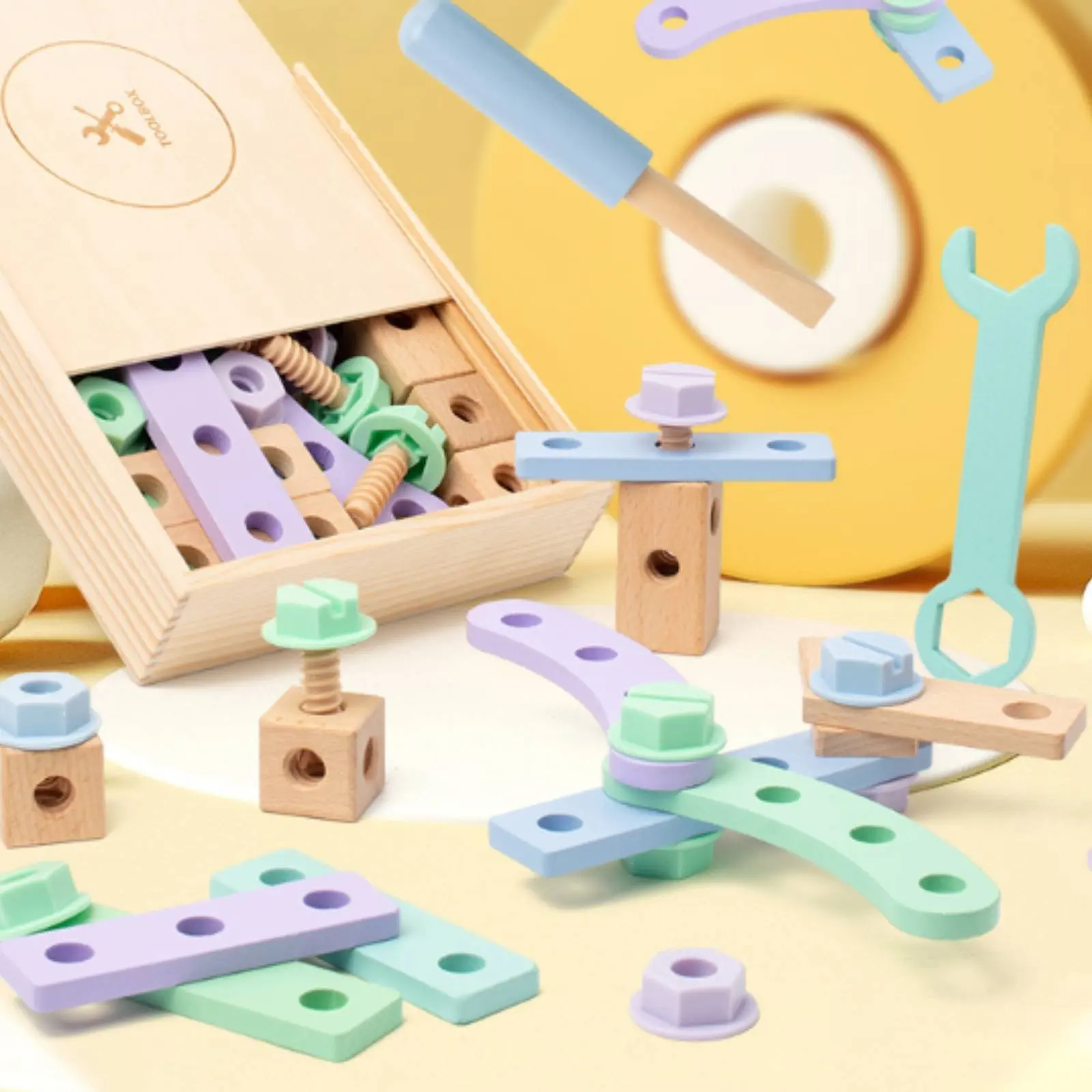 Wooden Toolbox Play Set Compact Wooden Nut Bolt Set Toolbox Building Toy Colorful Take Along Tool Kit Sorting for Children