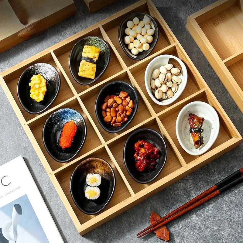 Bamboo and Wood Nine Grid Tray Set Japanese Sushi Barbecue Side Dish Divided Dim Sum Plates