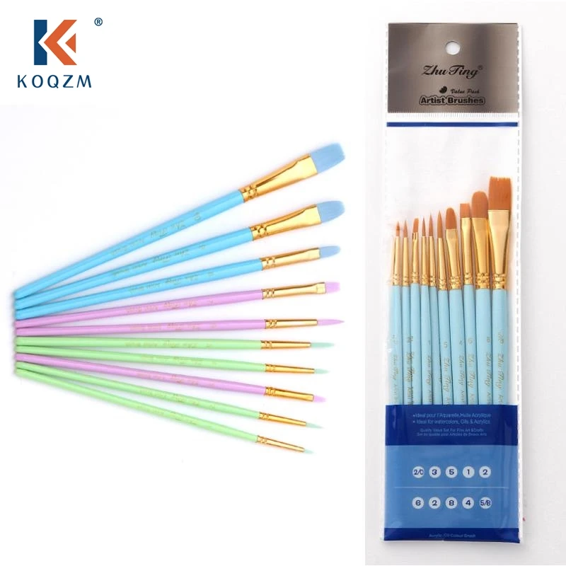 

10Pcs/Pack Multi-Color Pearlescent Nylon Brushes Set for Drawing Painting Oil Acrylic Wooden Handle Watercolor Art Supplies