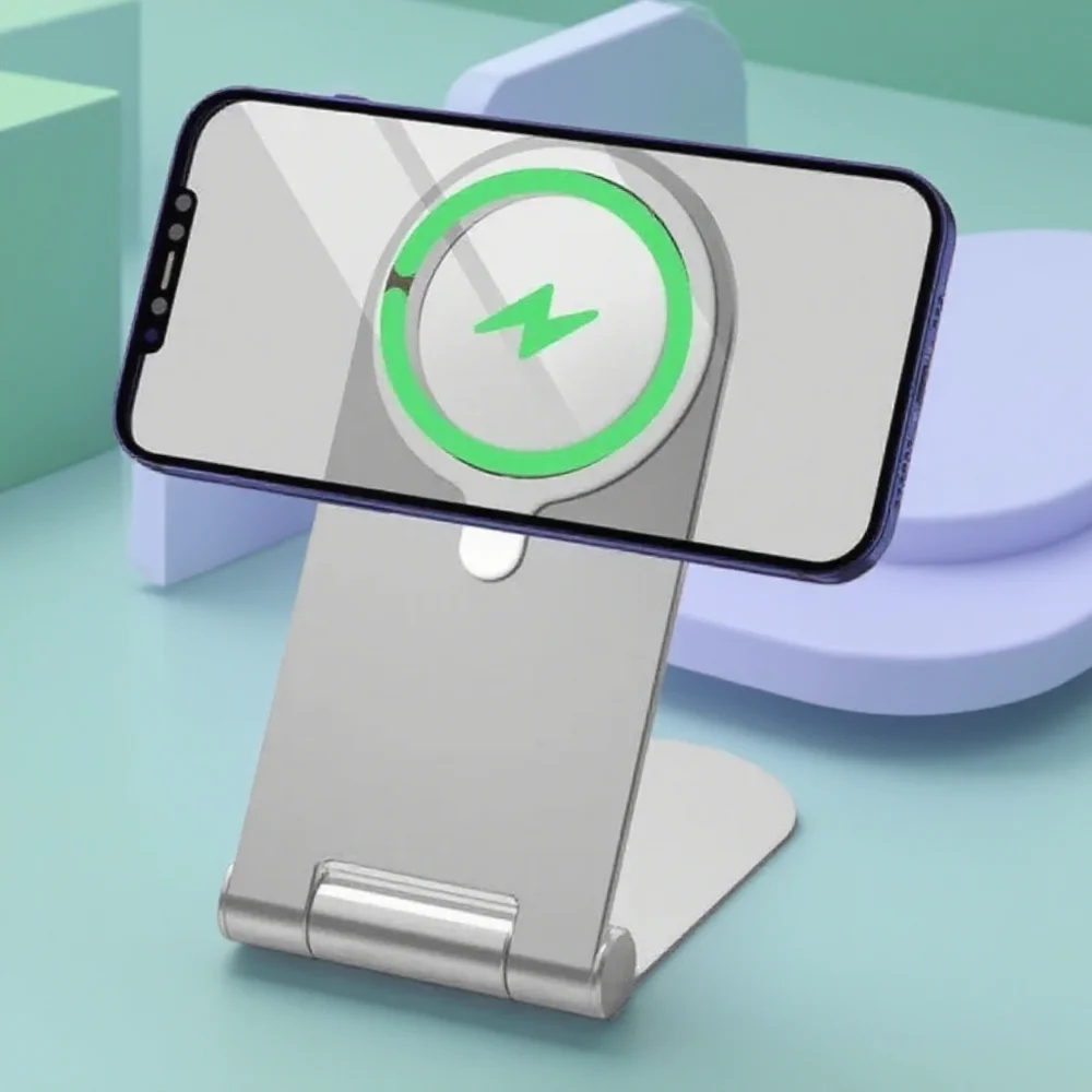 

Folding Wireless Charger Stand - Aluminum Alloy Magnetic Holder, Compact, Space-Saving, Anti-Slip Pad for MagSafe Devices.