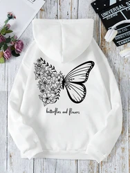 Butterflies And Flowers Simple Style Women Hoodies Fashion Crewneck Sweatshirt Casual Oversize Hoody Autumn Fleece Sportswears