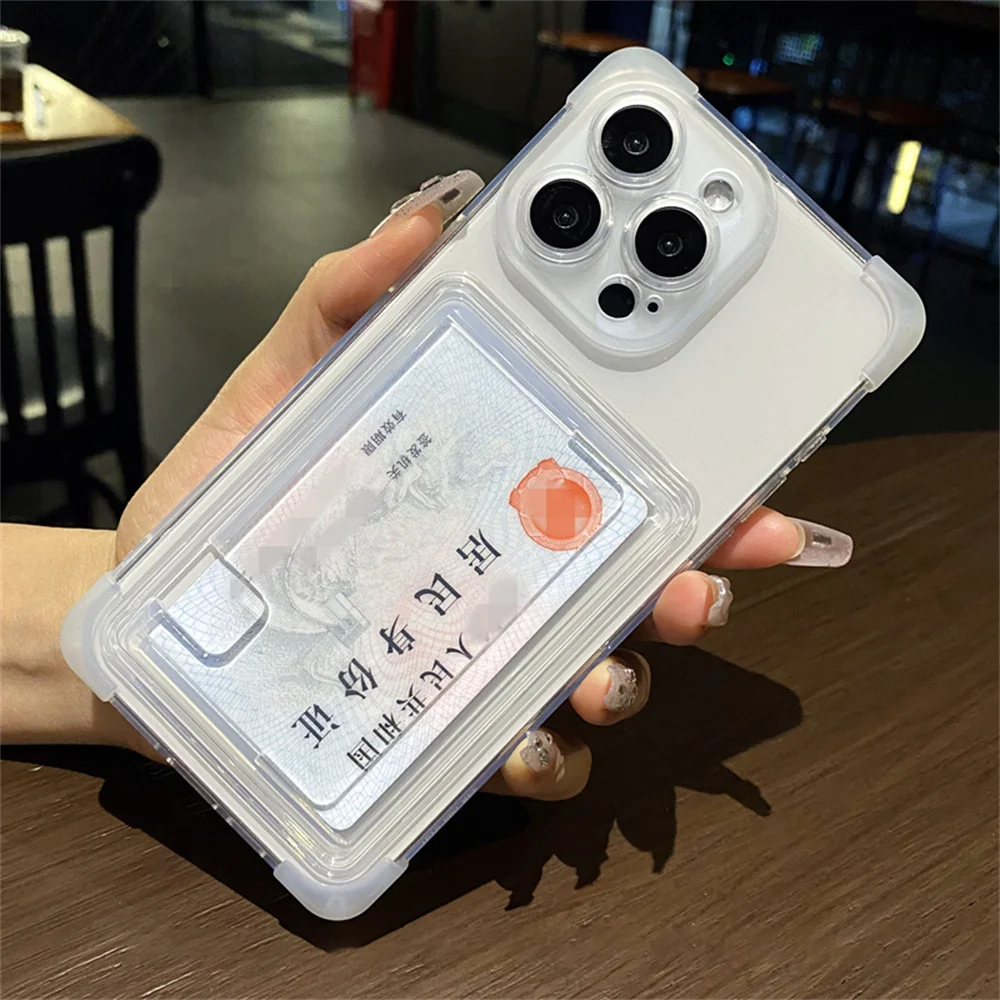 Clear Wallet Push Slot Card Bag Phone Case For iPhone 15 14 13 12 11 Pro Max Corner Reinforced Anti-Drop Protective Back Cover