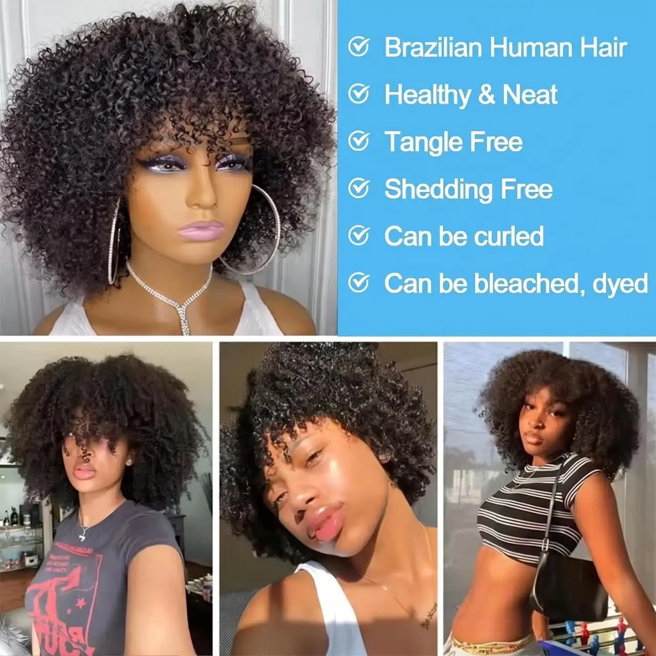 Mongolische Afro-Kinky-Curly-Echthaarperücken mit Pony, federnd, 300 % Dichte, brasilianische, kleberlose Bob-Perücken für Frauen, sofort tragbar – Detail 10
