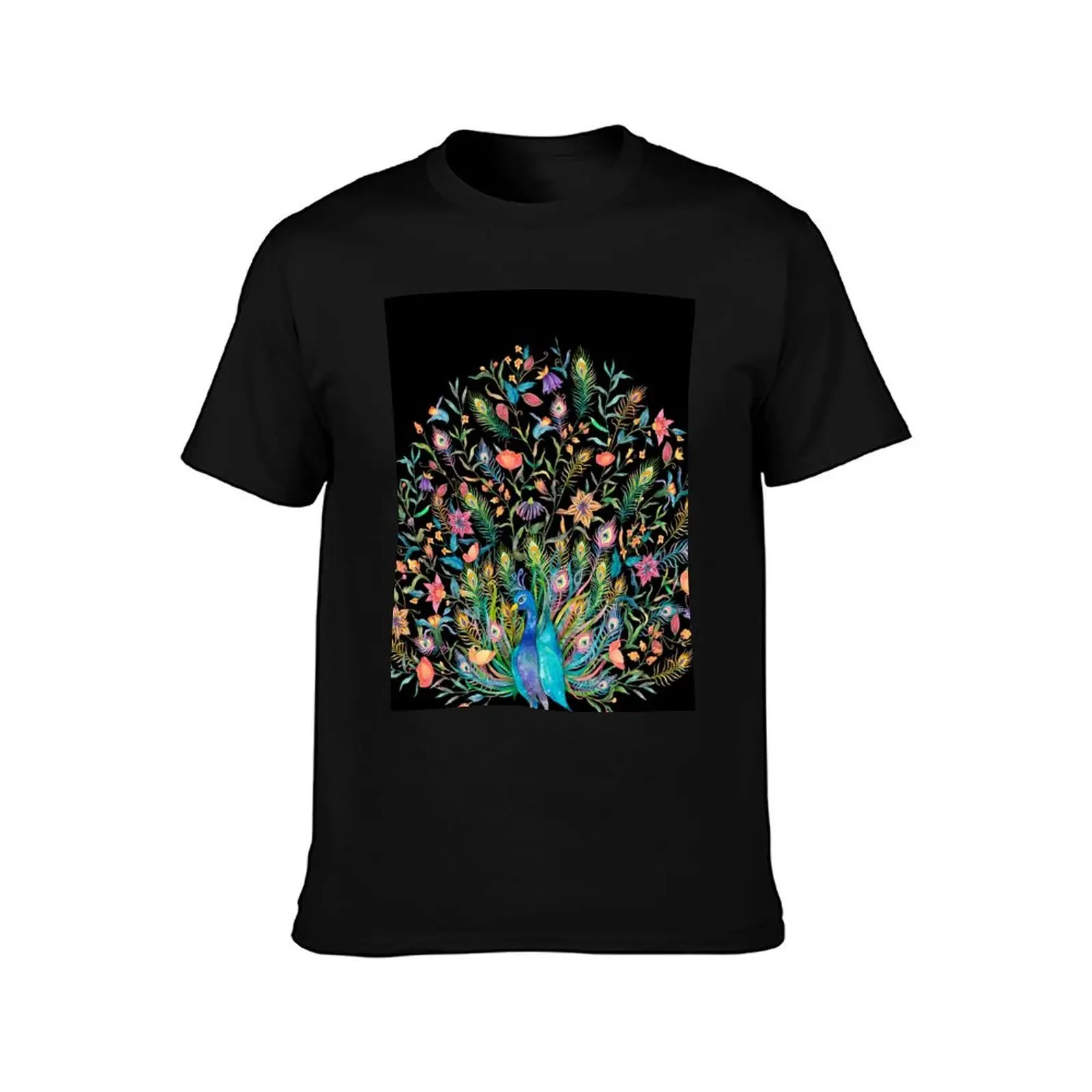 watercolor Peacock surrounded by flowers feathers T-Shirt Basic Simple Casual Short Sleeve Tee T-Shirt
