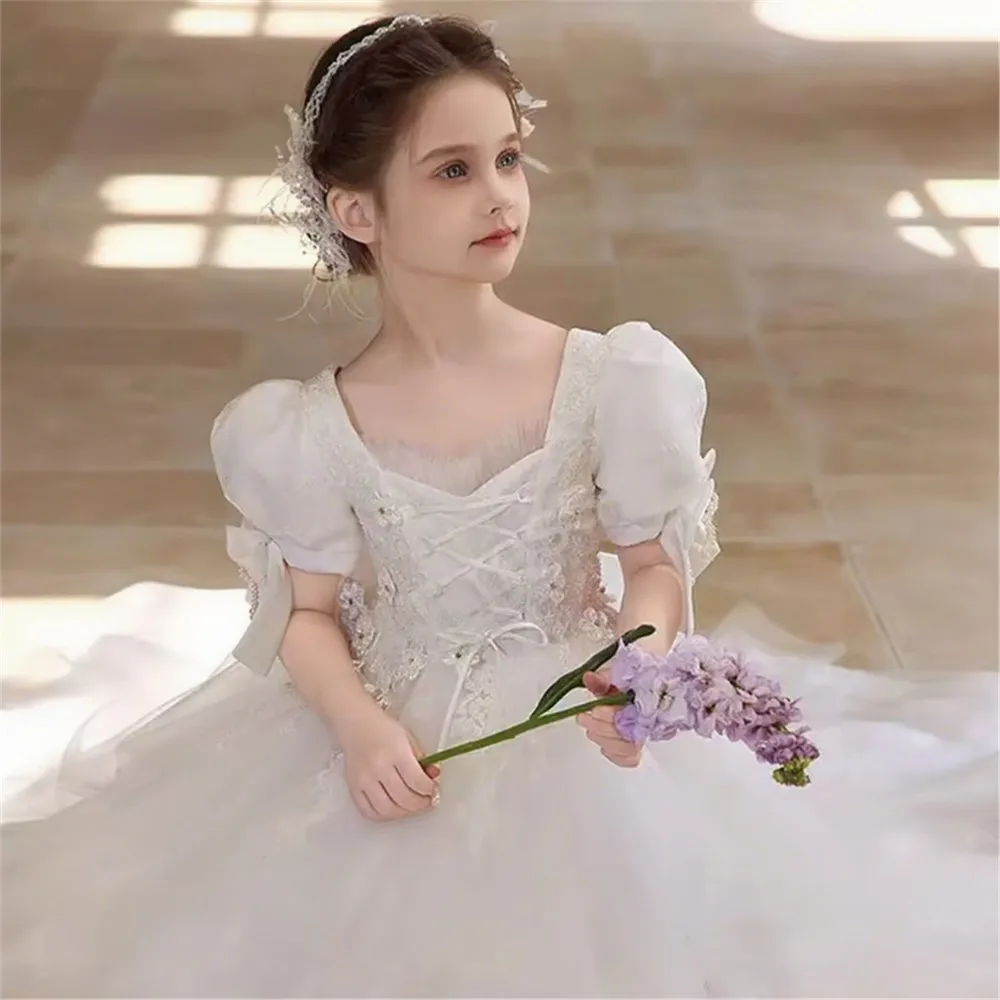 

Elegant Princess Flower Girl Wedding Dress Appliques with Bow Puffy Luxury Kids Birthday Party Pageant Prom Dress Customized
