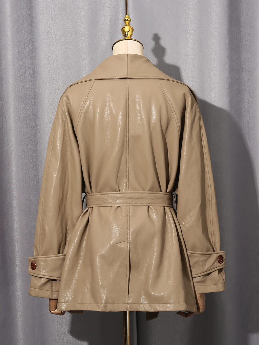 TWOTWINSTYLE Solido Impiombato Lace Up Giacche Vintage per Le Donne Risvolto Maniche Lunghe Tunica Patchwork Tasche Giacca di Pelle Femminile