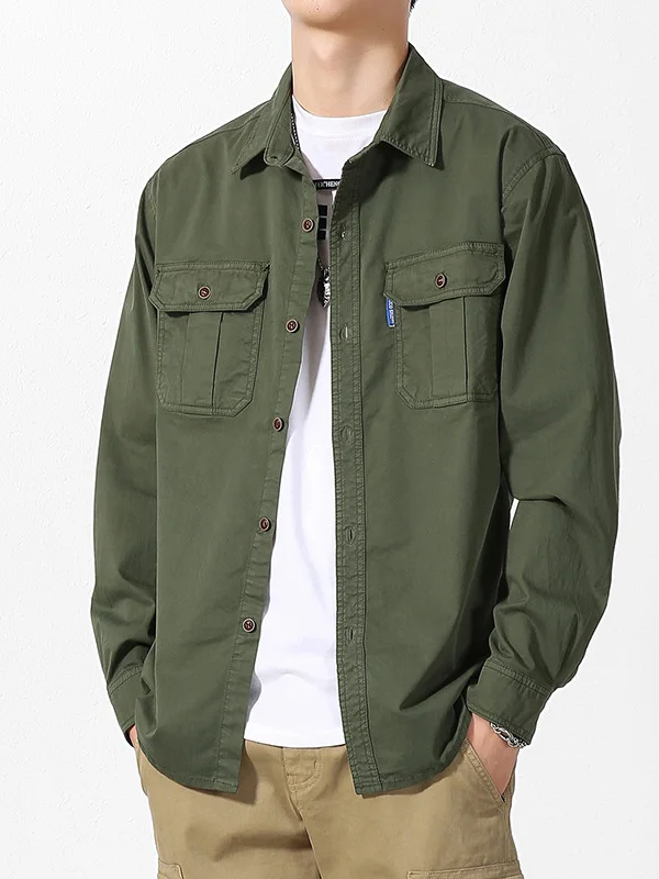 

Винтажная рабочая рубашка с двумя карманами, плотная, осенне-весенняя, в военном стиле, мужская куртка из хлопка с длинными рукавами, износостойкая