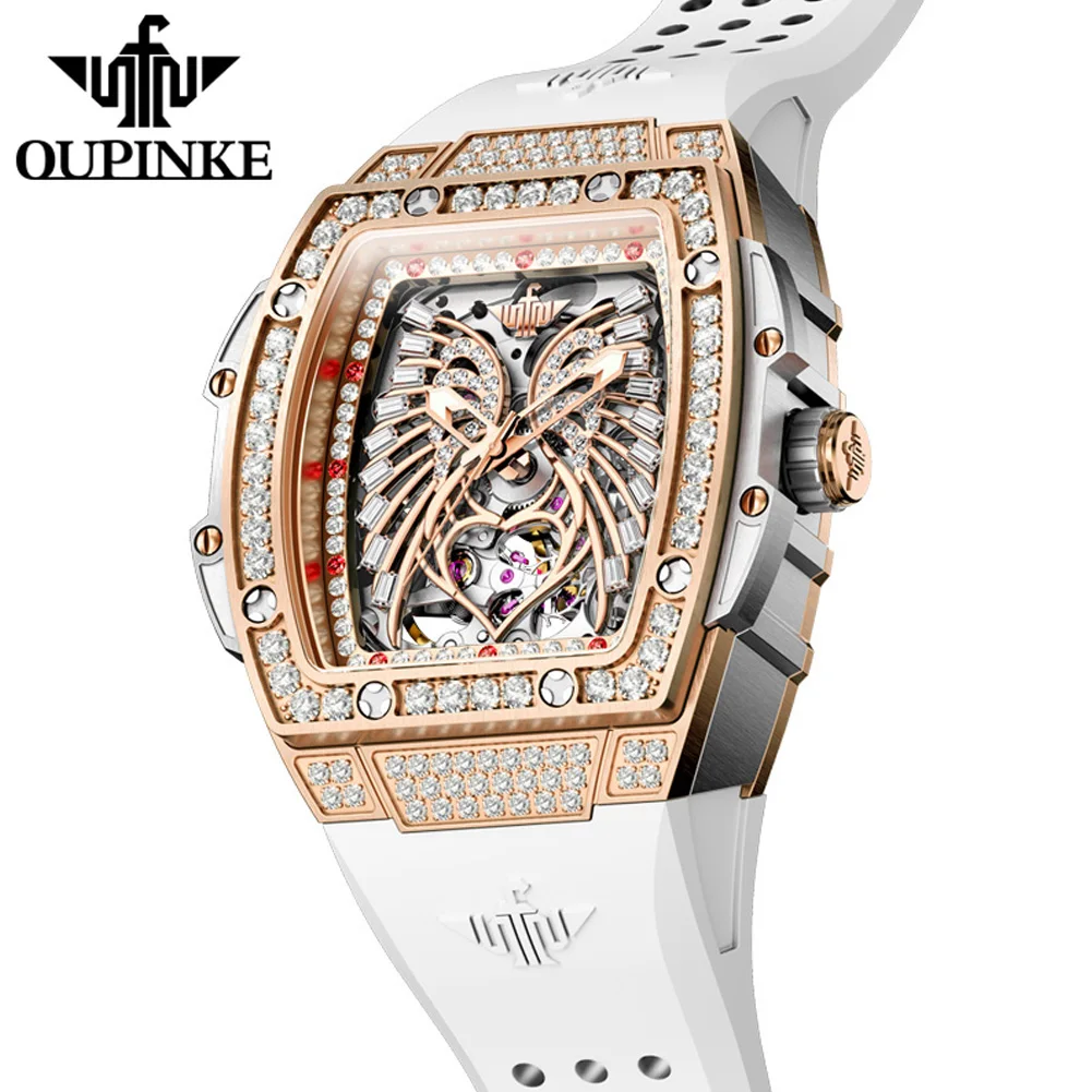 OUPINKE Top Luxury Brand Mechanical Women Watch Love Angel Wings Design Skeleton Automatic Elegant White Ladies Wristwatch New