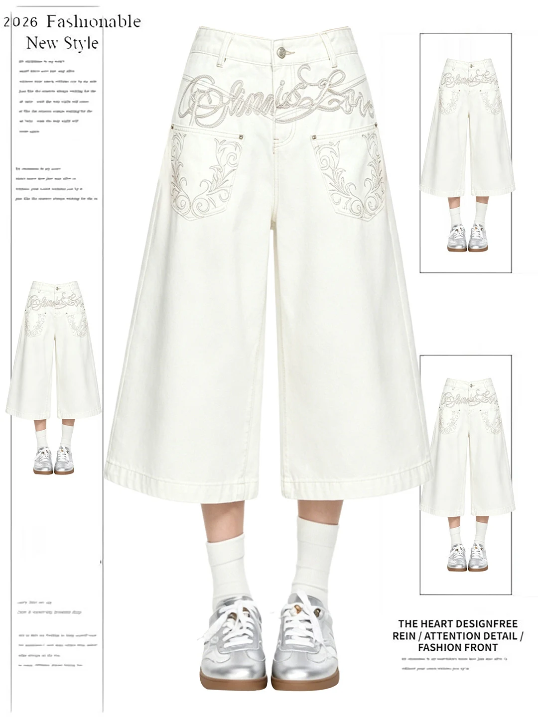 

High Waist Wide Leg Short Jeans Women's Summer Fashion Embroidery Design Front Pocket Denim Pants Vintage Style Casual Wear